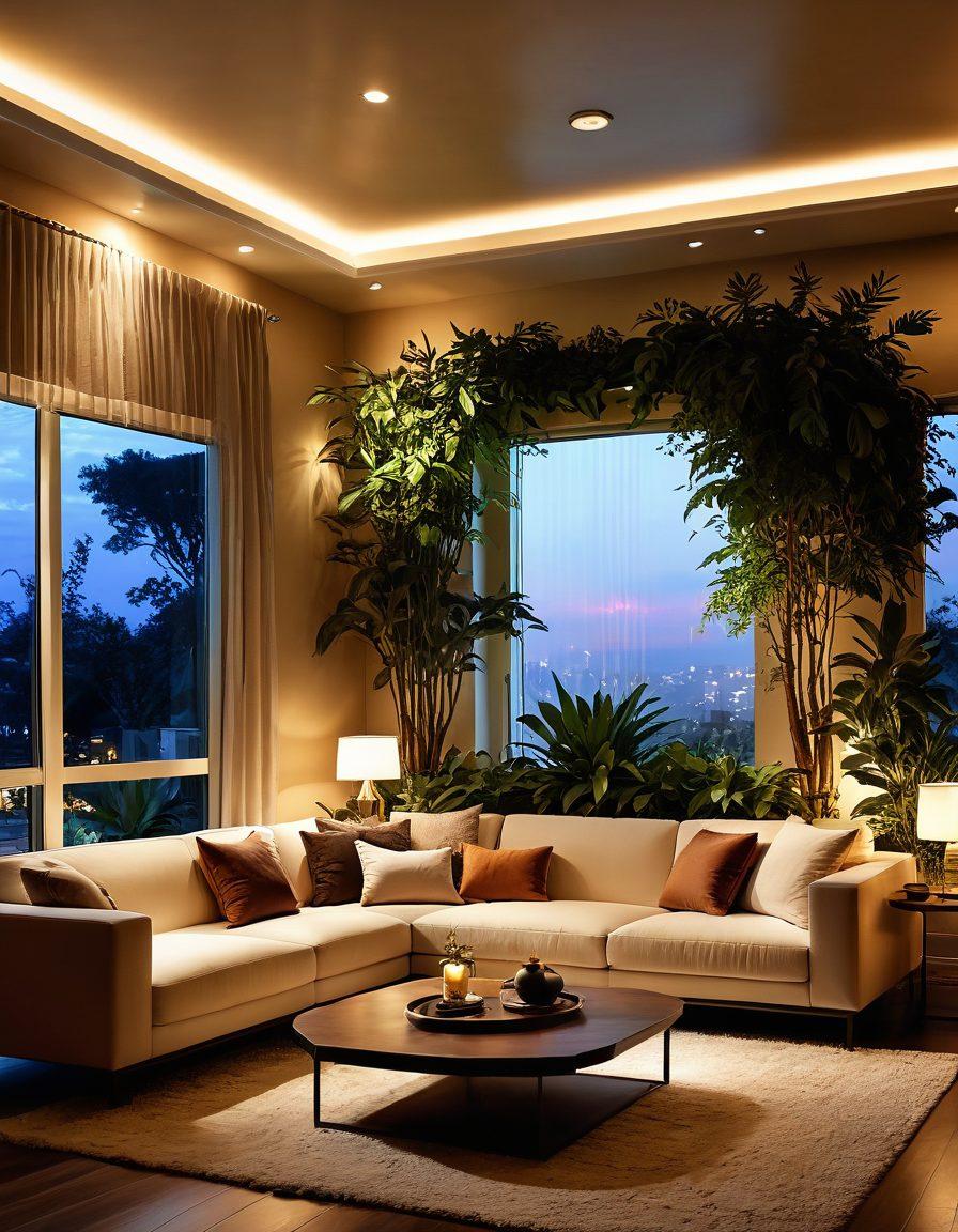 A beautifully designed living room illuminated by warm, artistic LED lights casting soft shadows on the walls; features energy-efficient fixtures with unique, modern shapes, surrounded by indoor plants and calming decor elements. The atmosphere should evoke a sense of comfort and creativity, blending art and functionality seamlessly. super-realistic. vibrant colors. cozy ambiance.
