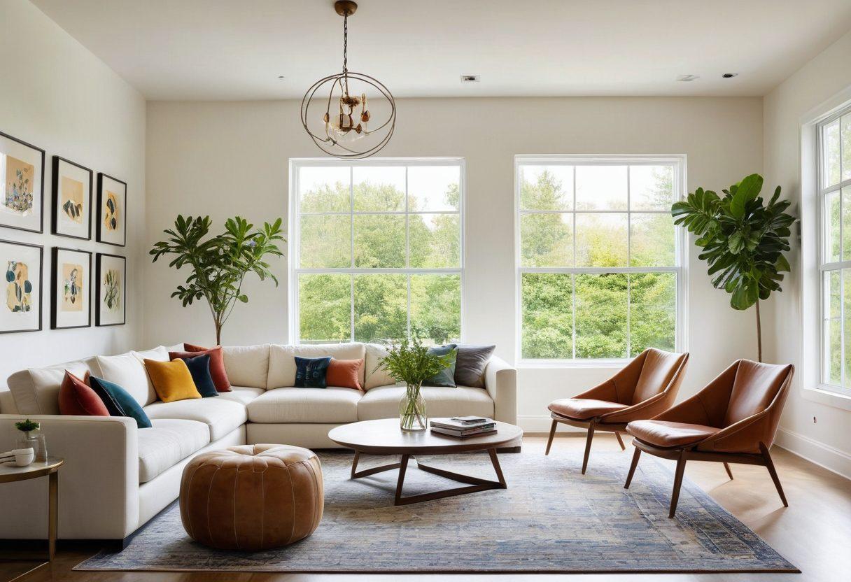 A modern living room featuring sleek contemporary lighting fixtures, including pendant lights and floor lamps, illuminating a stylishly decorated space with minimalistic furniture. The walls are adorned with artistic prints, and large windows allow natural light to blend with the warm glow of the lights. Include lush green plants for a touch of nature. super-realistic. vibrant colors. white background.
