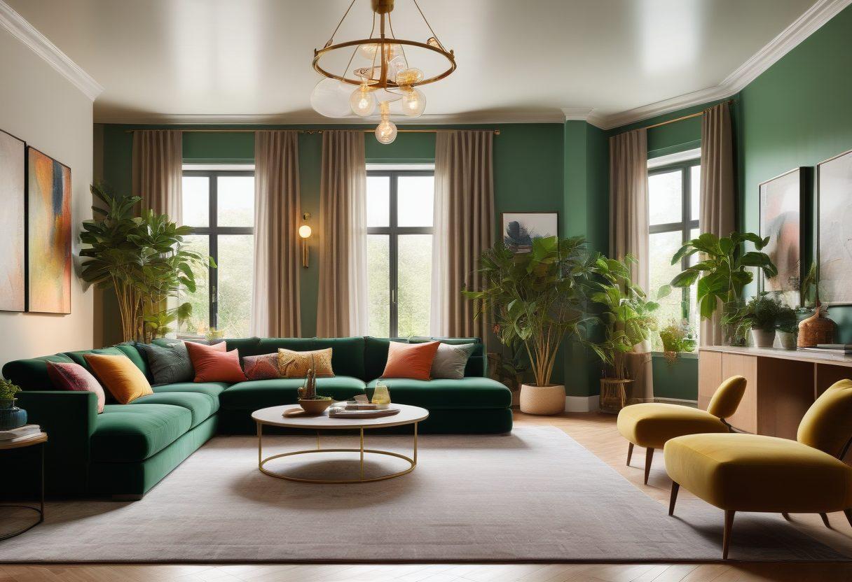 A cozy, stylish living room featuring various smart lighting options like pendant lights, floor lamps, and wall sconces, all glowing in warm and vibrant hues. The room should showcase modern decor with plush furniture, colorful artwork, and plants, creating a welcoming and elevated atmosphere. Soft shadows and reflections from the lighting add depth and sophistication. super-realistic. vibrant colors. warm ambiance.